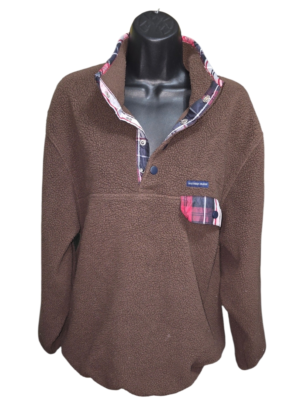 Southern Proper Fleece Pullover Snap Shirt Brown Plaid Trim Mens M Cozy